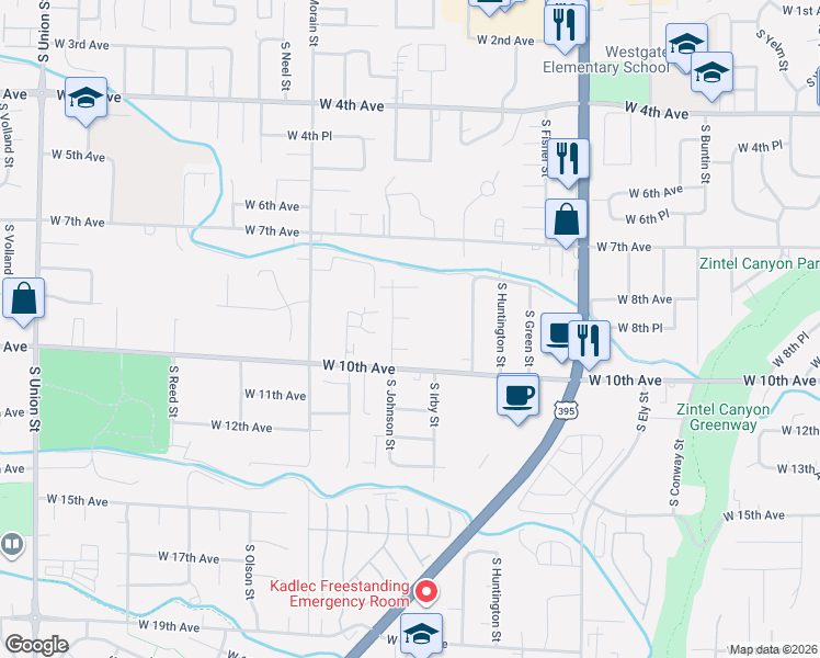 map of restaurants, bars, coffee shops, grocery stores, and more near 941 South Johnson Street in Kennewick