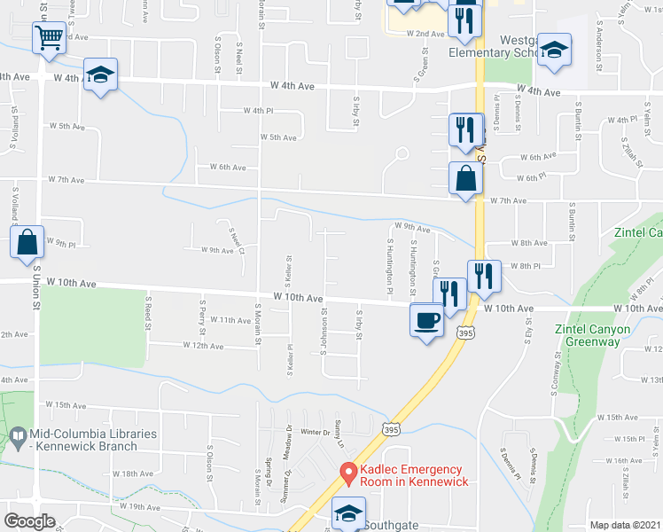 map of restaurants, bars, coffee shops, grocery stores, and more near 941 South Johnson Street in Kennewick