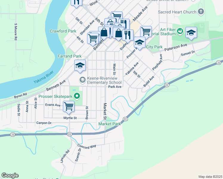 map of restaurants, bars, coffee shops, grocery stores, and more near 1013 Park Avenue in Prosser
