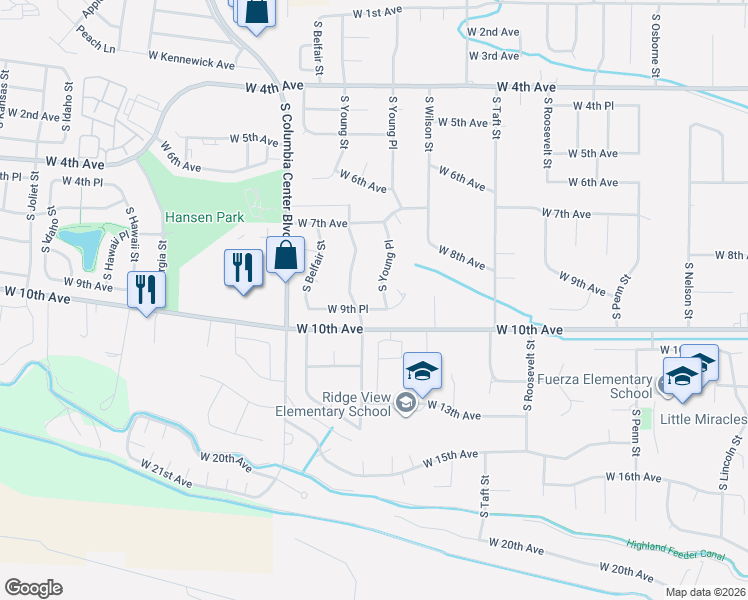map of restaurants, bars, coffee shops, grocery stores, and more near 818 South Young Place in Kennewick
