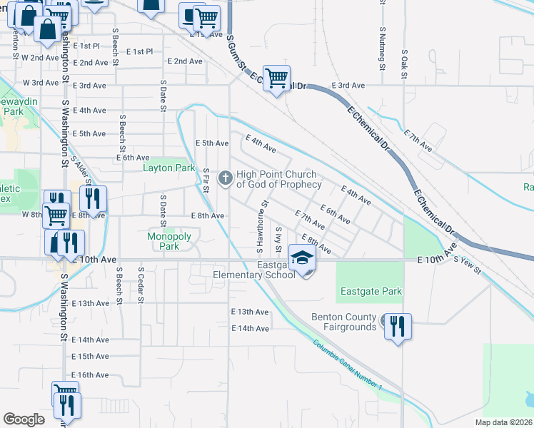 map of restaurants, bars, coffee shops, grocery stores, and more near 809 East 8th Avenue in Kennewick