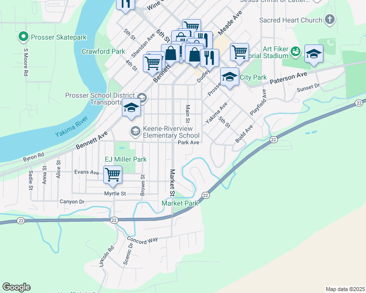 map of restaurants, bars, coffee shops, grocery stores, and more near 1013 Park Avenue in Prosser