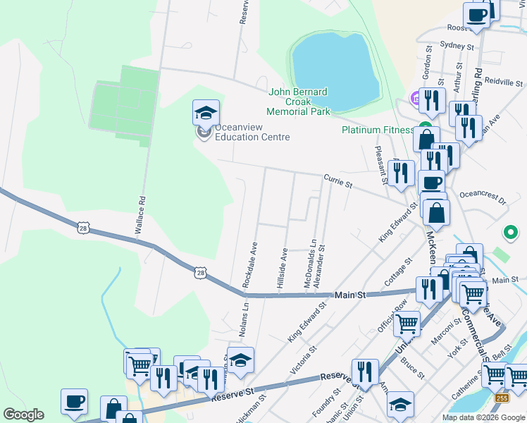 map of restaurants, bars, coffee shops, grocery stores, and more near 28 Rockdale Avenue in Glace Bay