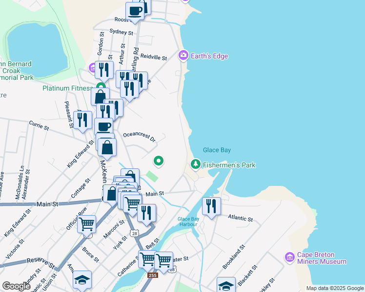 map of restaurants, bars, coffee shops, grocery stores, and more near 233 North Street in Glace Bay