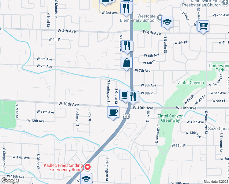 map of restaurants, bars, coffee shops, grocery stores, and more near 824 South Green Street in Kennewick