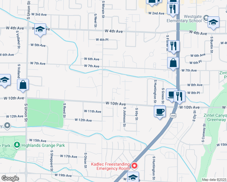 map of restaurants, bars, coffee shops, grocery stores, and more near 935 South Keller Street in Kennewick