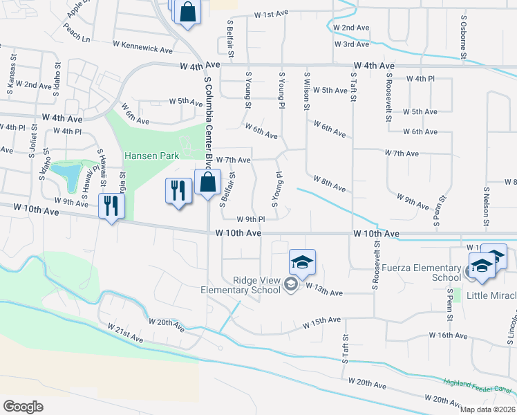 map of restaurants, bars, coffee shops, grocery stores, and more near 818 South Young Place in Kennewick