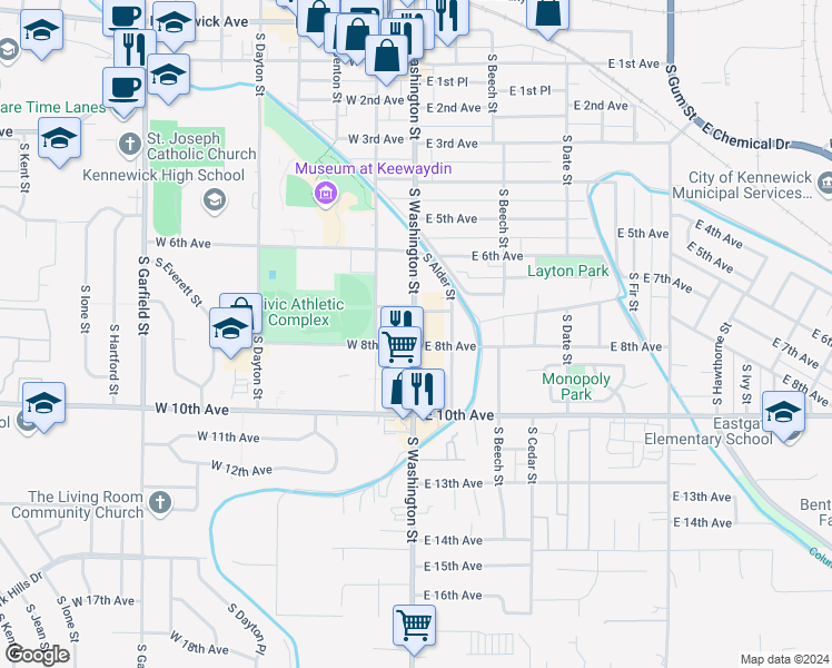 map of restaurants, bars, coffee shops, grocery stores, and more near 98 East 8th Avenue in Kennewick