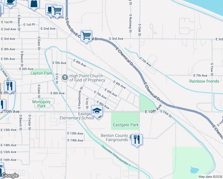 map of restaurants, bars, coffee shops, grocery stores, and more near 1111 East 6th Avenue in Kennewick