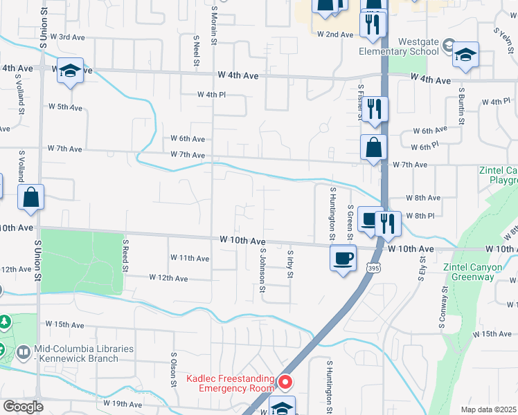 map of restaurants, bars, coffee shops, grocery stores, and more near 941 South Johnson Street in Kennewick