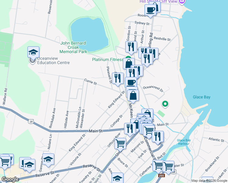 map of restaurants, bars, coffee shops, grocery stores, and more near 5 Currie Street in Glace Bay