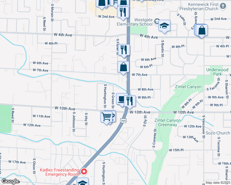 map of restaurants, bars, coffee shops, grocery stores, and more near 825 S Green St in Kennewick