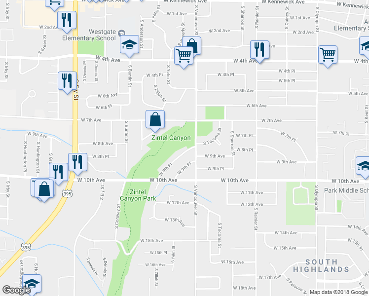 map of restaurants, bars, coffee shops, grocery stores, and more near 2116 West 8th Place in Kennewick