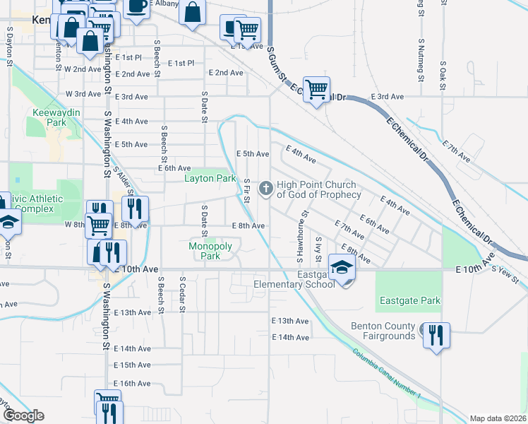 map of restaurants, bars, coffee shops, grocery stores, and more near 826 South Gum Street in Kennewick