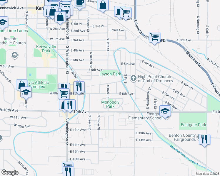 map of restaurants, bars, coffee shops, grocery stores, and more near 418 East 8th Avenue in Kennewick
