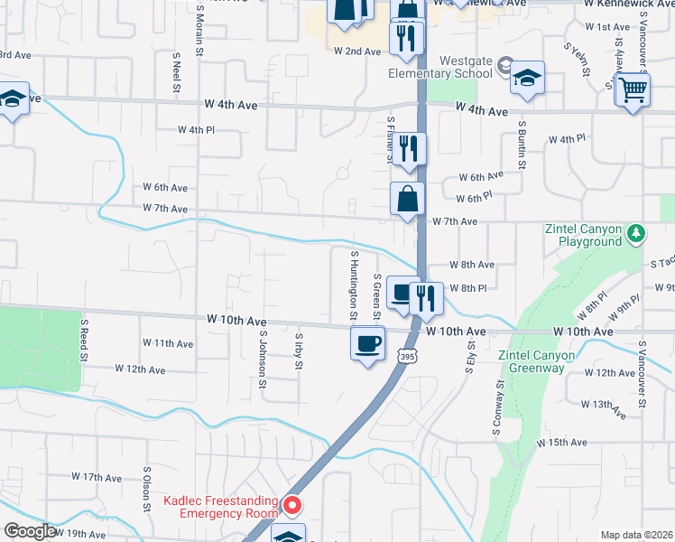 map of restaurants, bars, coffee shops, grocery stores, and more near 919 South Huntington Place in Kennewick
