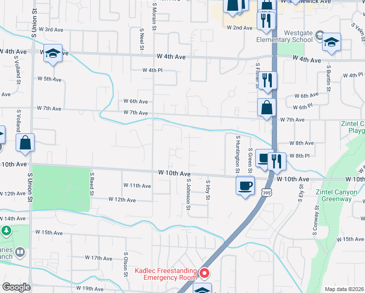 map of restaurants, bars, coffee shops, grocery stores, and more near 935 South Keller Street in Kennewick