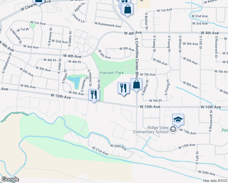 map of restaurants, bars, coffee shops, grocery stores, and more near 8001 West 10th Avenue in Kennewick