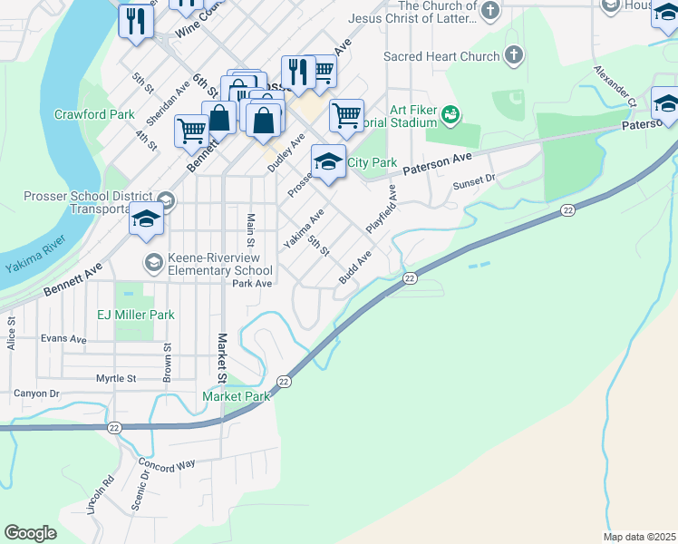 map of restaurants, bars, coffee shops, grocery stores, and more near 1025 5th Street in Prosser