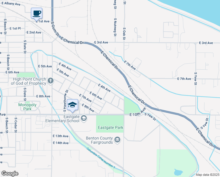 map of restaurants, bars, coffee shops, grocery stores, and more near 1101-1499 East 4th Place in Kennewick