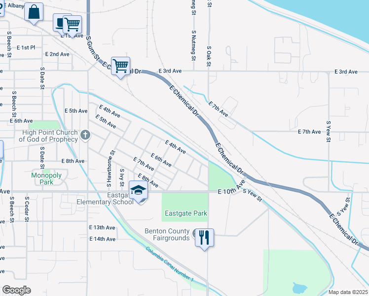map of restaurants, bars, coffee shops, grocery stores, and more near 1101-1499 East 4th Place in Kennewick