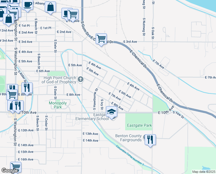 map of restaurants, bars, coffee shops, grocery stores, and more near 517-527 South Ivy Street in Kennewick