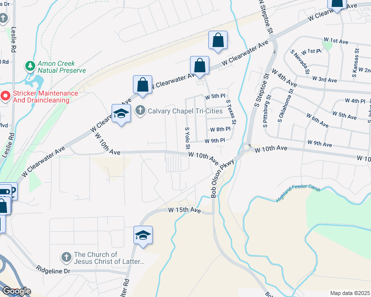 map of restaurants, bars, coffee shops, grocery stores, and more near 912 South Yolo Street in Kennewick