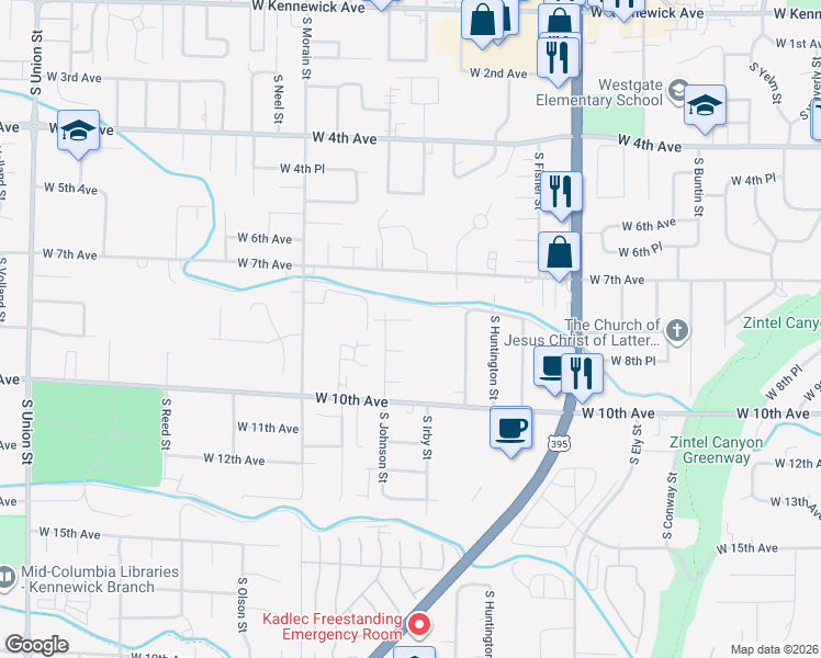 map of restaurants, bars, coffee shops, grocery stores, and more near 3296 West 9th Avenue in Kennewick