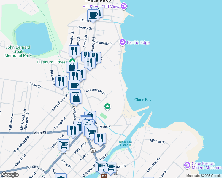 map of restaurants, bars, coffee shops, grocery stores, and more near 71 Oceancrest Drive in Glace Bay