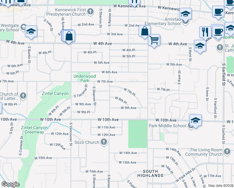 map of restaurants, bars, coffee shops, grocery stores, and more near 1711 West 7th Place in Kennewick