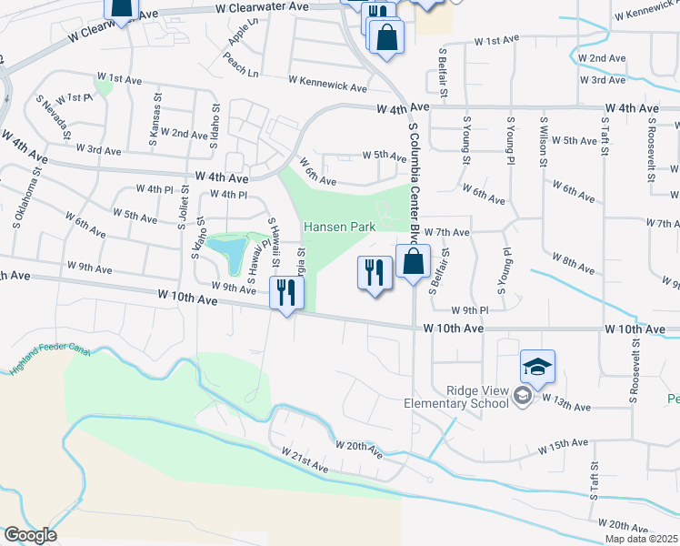 map of restaurants, bars, coffee shops, grocery stores, and more near South Georgia Street in Kennewick