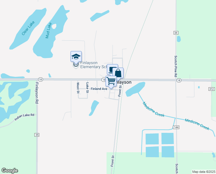 map of restaurants, bars, coffee shops, grocery stores, and more near 2203 Finland Avenue in Finlayson