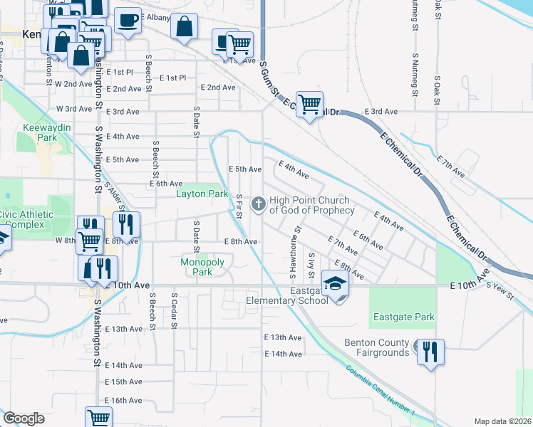 map of restaurants, bars, coffee shops, grocery stores, and more near 700 South Gum Street in Kennewick