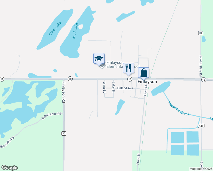 map of restaurants, bars, coffee shops, grocery stores, and more near 6494 West Street in Finlayson