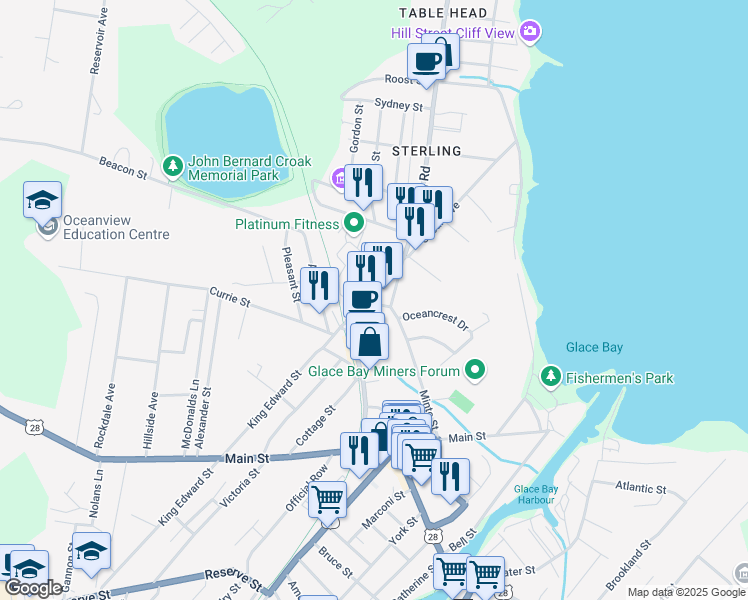 map of restaurants, bars, coffee shops, grocery stores, and more near 6 Sterling Road in Glace Bay
