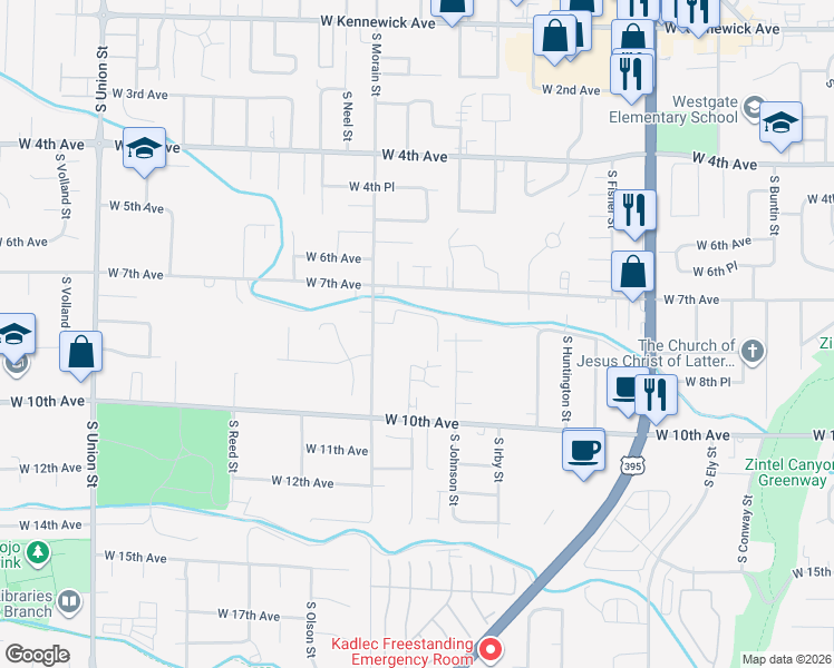 map of restaurants, bars, coffee shops, grocery stores, and more near 3302 West 9th Avenue in Kennewick