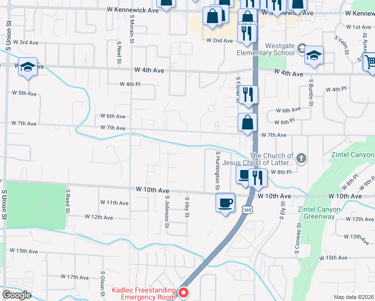 map of restaurants, bars, coffee shops, grocery stores, and more near 3266 West 9th Avenue in Kennewick