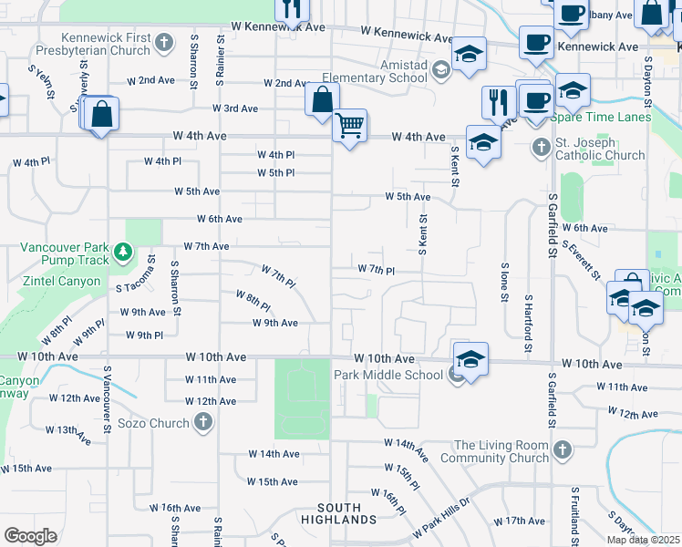 map of restaurants, bars, coffee shops, grocery stores, and more near 803 South Olympia Street in Kennewick