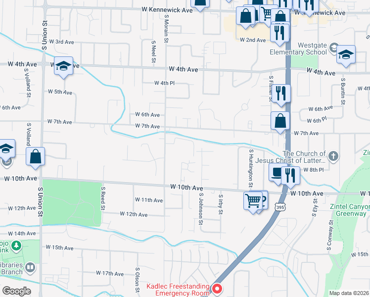 map of restaurants, bars, coffee shops, grocery stores, and more near 3302 West 9th Avenue in Kennewick