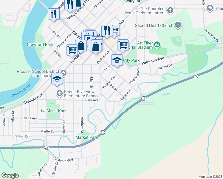map of restaurants, bars, coffee shops, grocery stores, and more near 1025 5th Street in Prosser