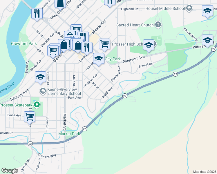 map of restaurants, bars, coffee shops, grocery stores, and more near 1120 Budd Ave in Prosser