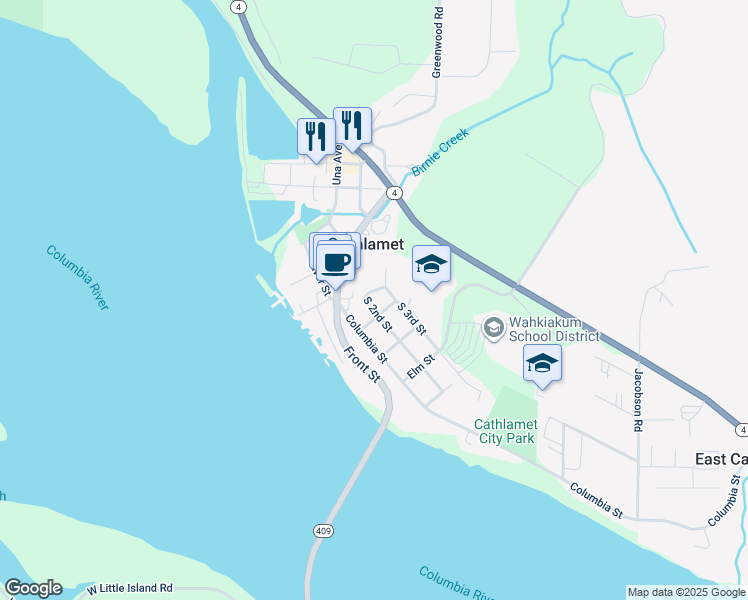 map of restaurants, bars, coffee shops, grocery stores, and more near 175 South 2nd Street in Cathlamet
