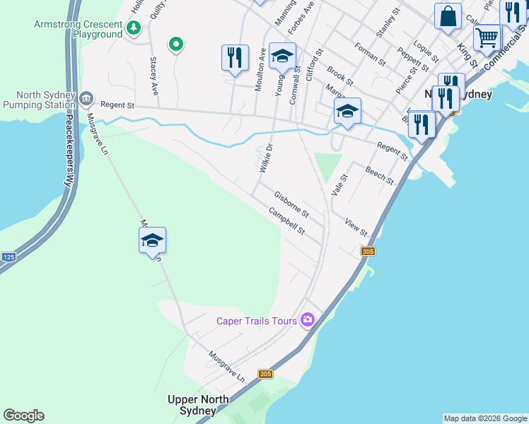 map of restaurants, bars, coffee shops, grocery stores, and more near 34 Campbell Street in North Sydney