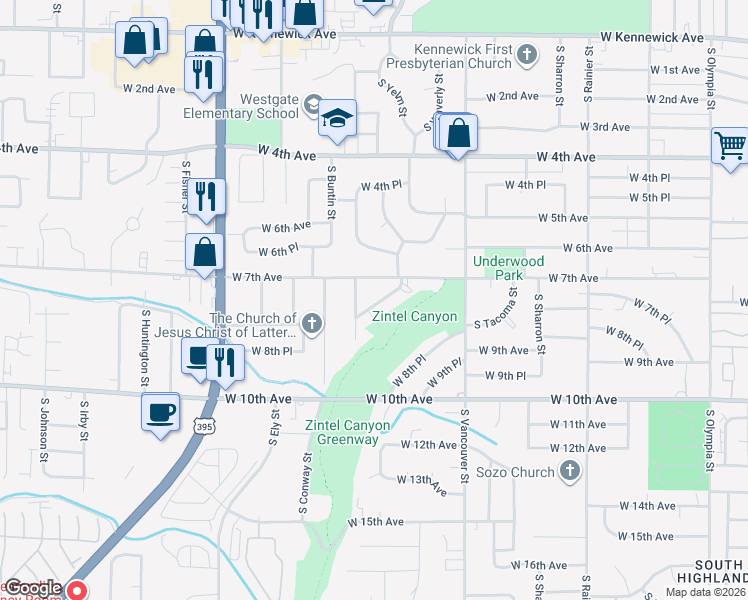 map of restaurants, bars, coffee shops, grocery stores, and more near 728 South Yelm Place in Kennewick