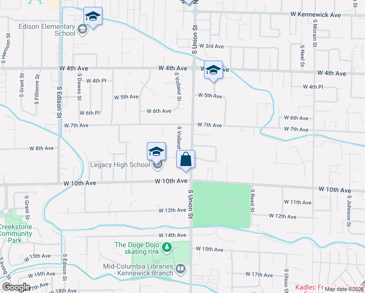 map of restaurants, bars, coffee shops, grocery stores, and more near 803 South Volland Street in Kennewick