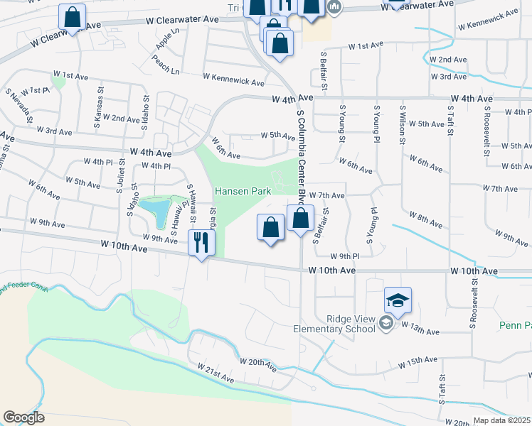 map of restaurants, bars, coffee shops, grocery stores, and more near 602 N Columbia Center Blvd in Kennewick