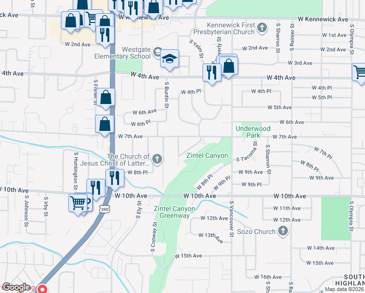 map of restaurants, bars, coffee shops, grocery stores, and more near 728 South Yelm Place in Kennewick