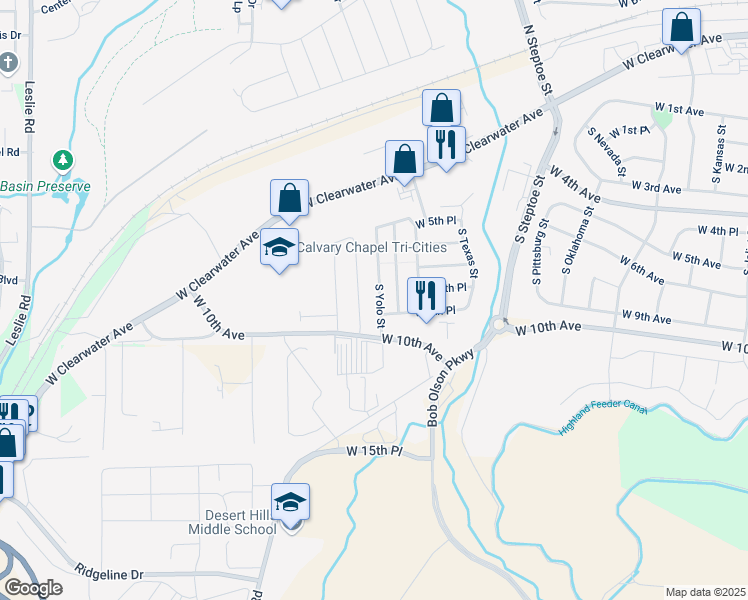 map of restaurants, bars, coffee shops, grocery stores, and more near 810 South Yolo Street in Kennewick