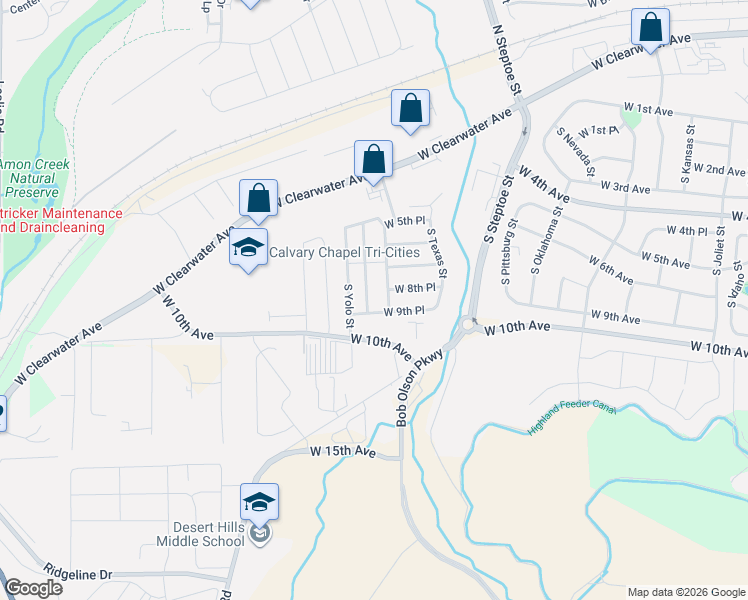 map of restaurants, bars, coffee shops, grocery stores, and more near 815 South Yolo Street in Kennewick