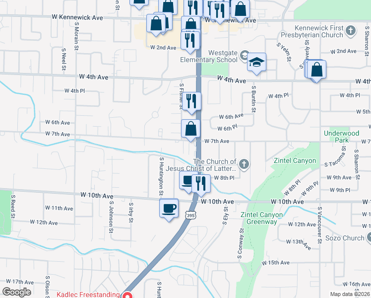 map of restaurants, bars, coffee shops, grocery stores, and more near 2915 West 7th Avenue in Kennewick